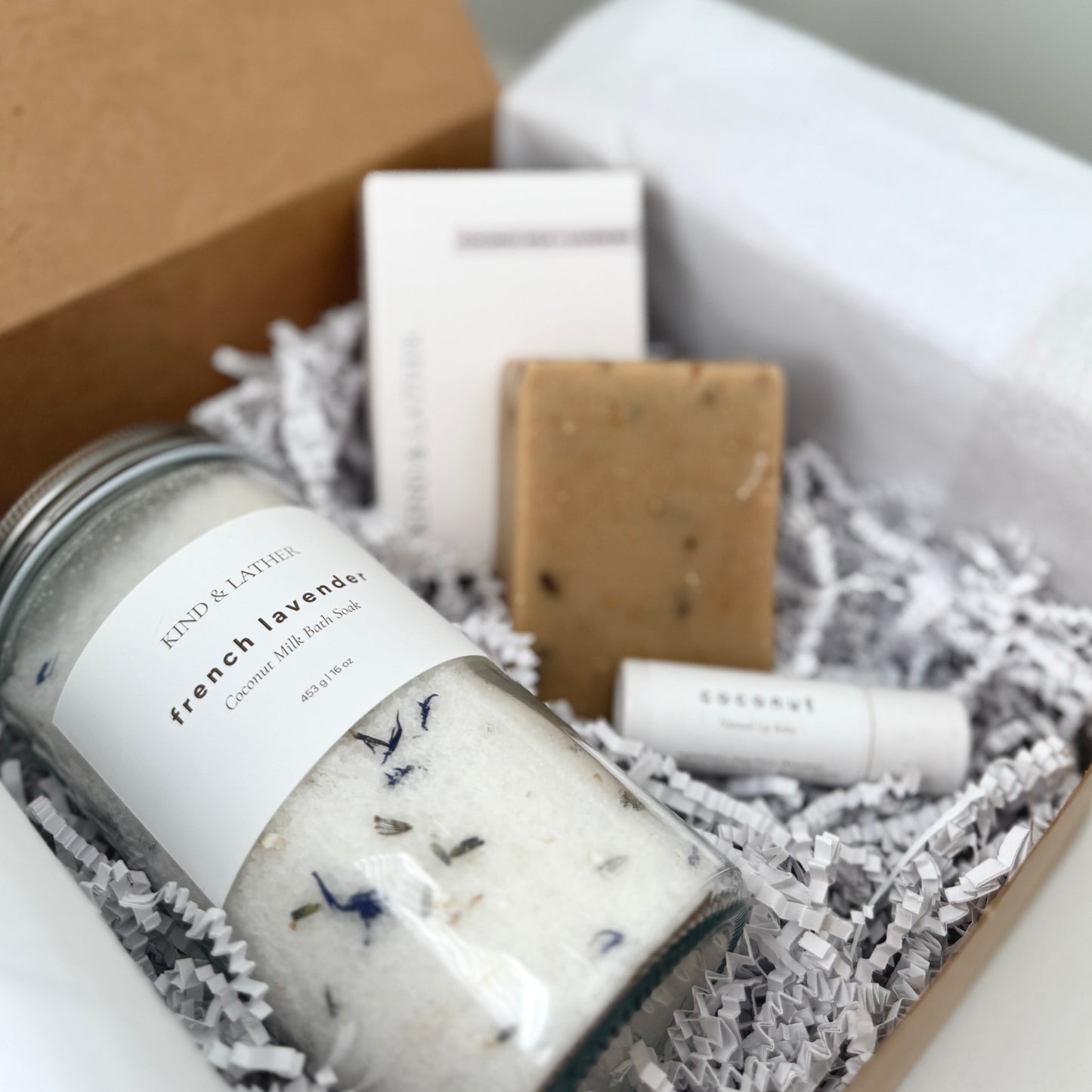 Coconut + Lavender | Gift Set, Handcrafted Soap, Natural Lip Balm, Luxe Bath Soak