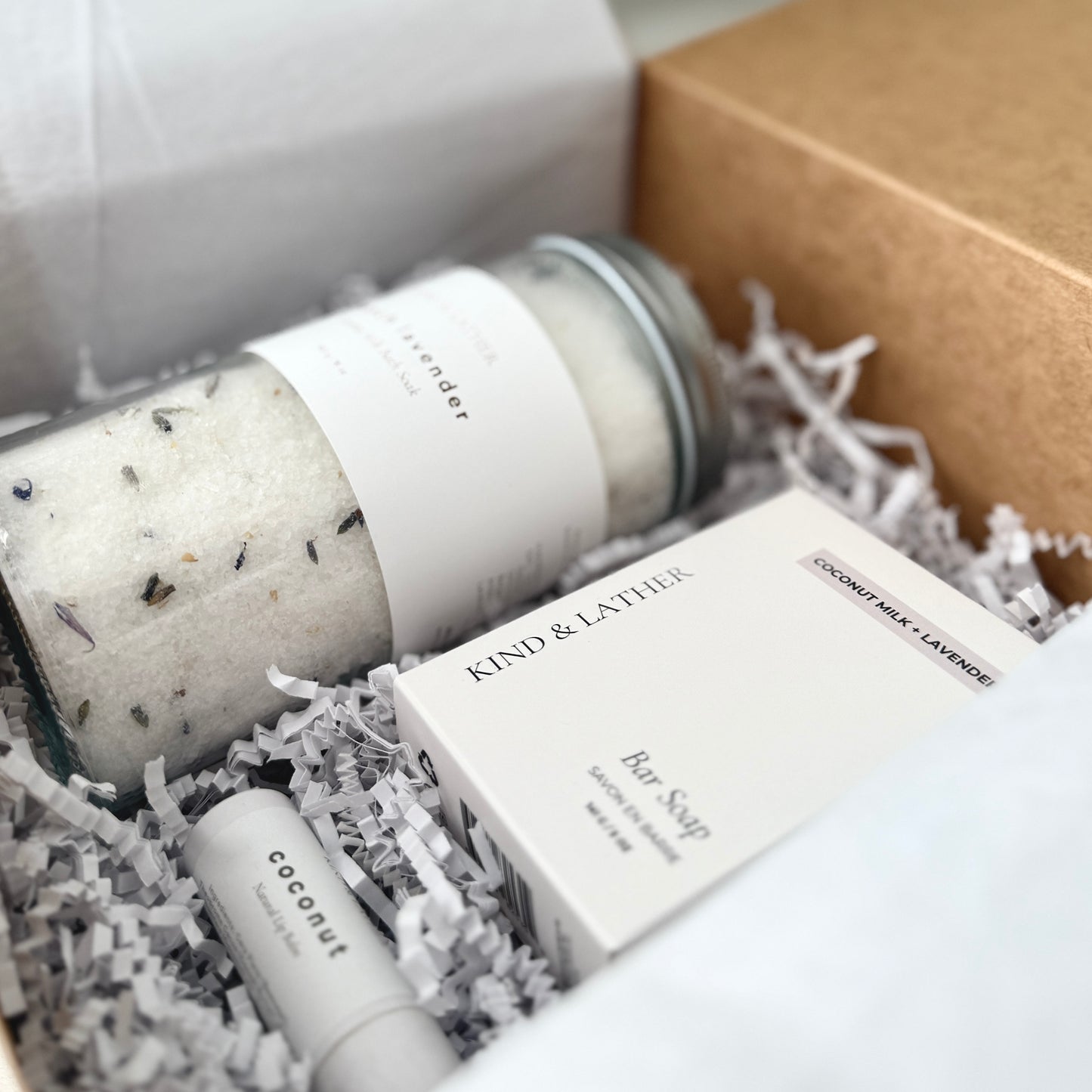 Coconut + Lavender | Gift Set, Handcrafted Soap, Natural Lip Balm, Luxe Bath Soak