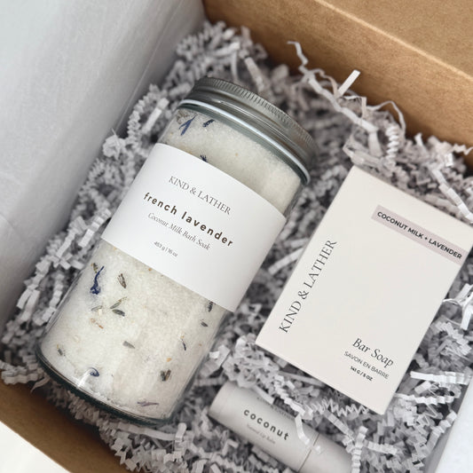 Coconut + Lavender | Gift Set, Handcrafted Soap, Natural Lip Balm, Luxe Bath Soak
